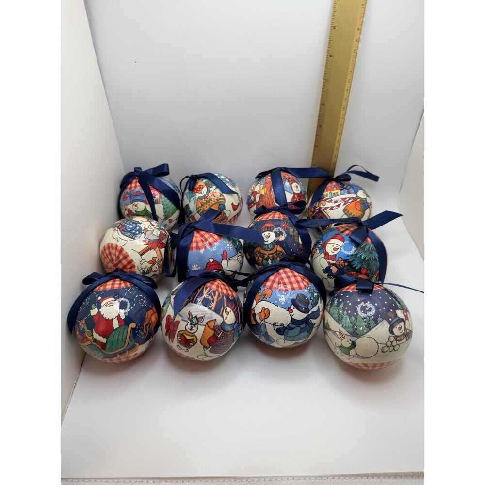 Lot 12 City Christmas Decoupage Ball Ornaments Snowman Santa Folk Art PaperMache